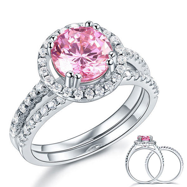 925 Sterling Silver Engagement Halo Ring Set 2 Carat Fancy Pink Created Diamond