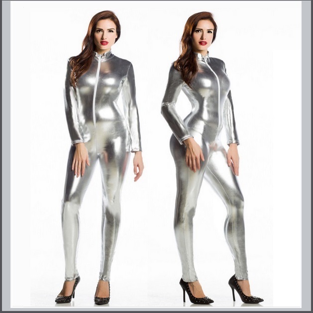 Silver Metallic Long Sleeve Wet Look Faux PU Leather Front Zip Jumpsuit Catsuit