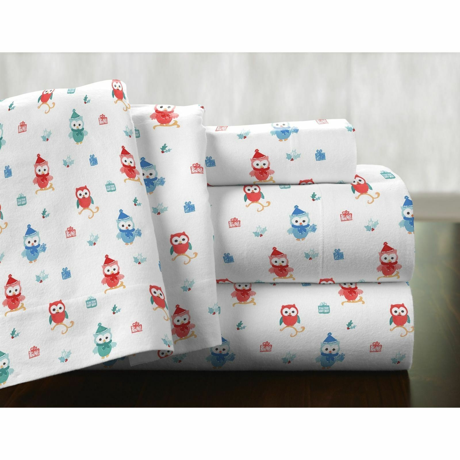 Twin XL Full Queen Cal King Bed Red Blue Winter Owl 4pc Cotton Flannel Sheet Set - Sheets ...