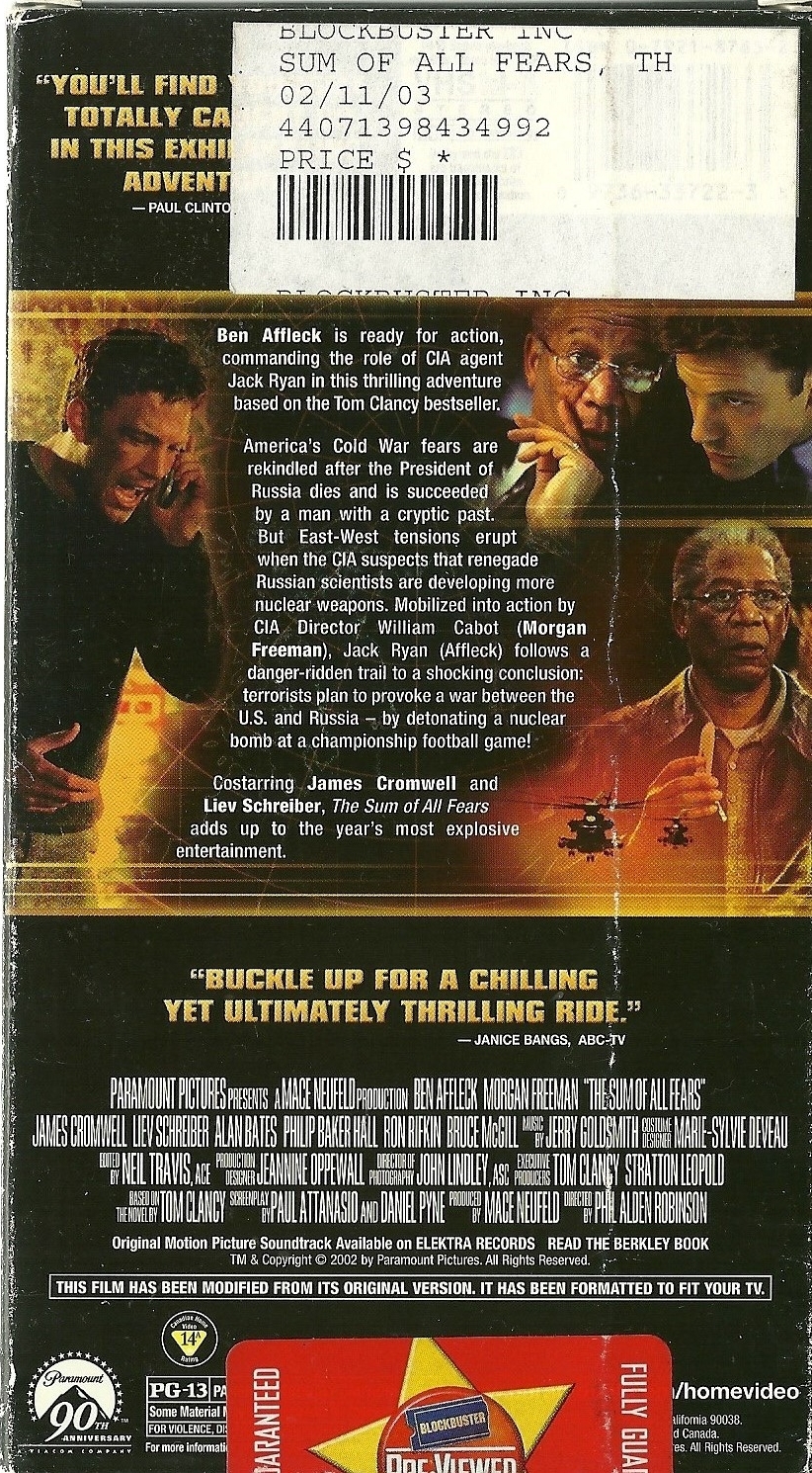 The Sum Of All Fears VHS Ben Affleck Morgan Freeman Liev Schreiber ...