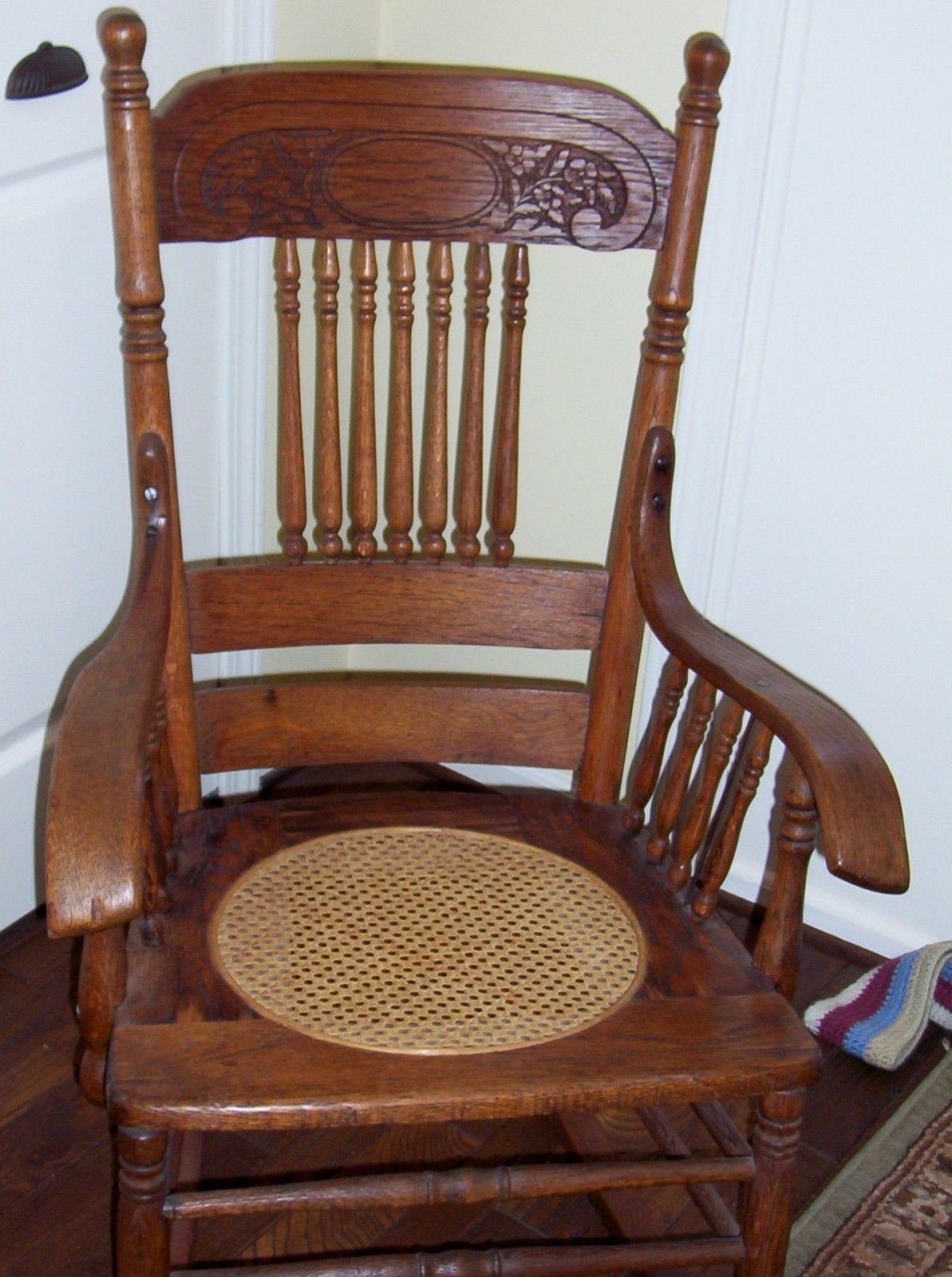 Antique Rocking Chair Oak Press Back w/ Spindles Cane Seat