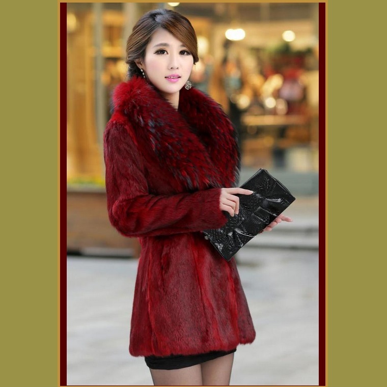 Sable Burgundy Full Pelt Faux Fur Med Coat Long Hair Faux Fur Fox Collar