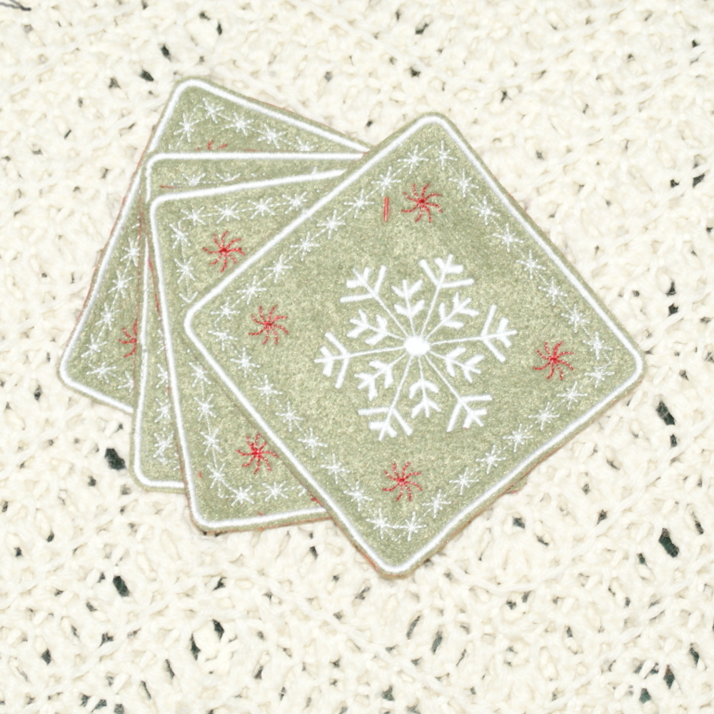 Felt Coasters set of 4 coasters Olive green with embroidered Snowflake
