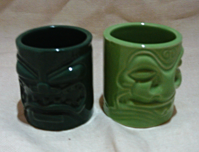 Two Accoutrements 2003 TIKI Shot Glasses // Ceramic Hawaiian Tiki