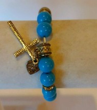 Blue Beaded Elastic Bracelet with Dangling Gold Cross & Heart - $8.86