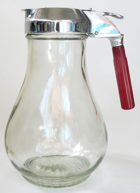 Vintage Dripcut glass chrome syrup dispenser red bakelite handle jar
