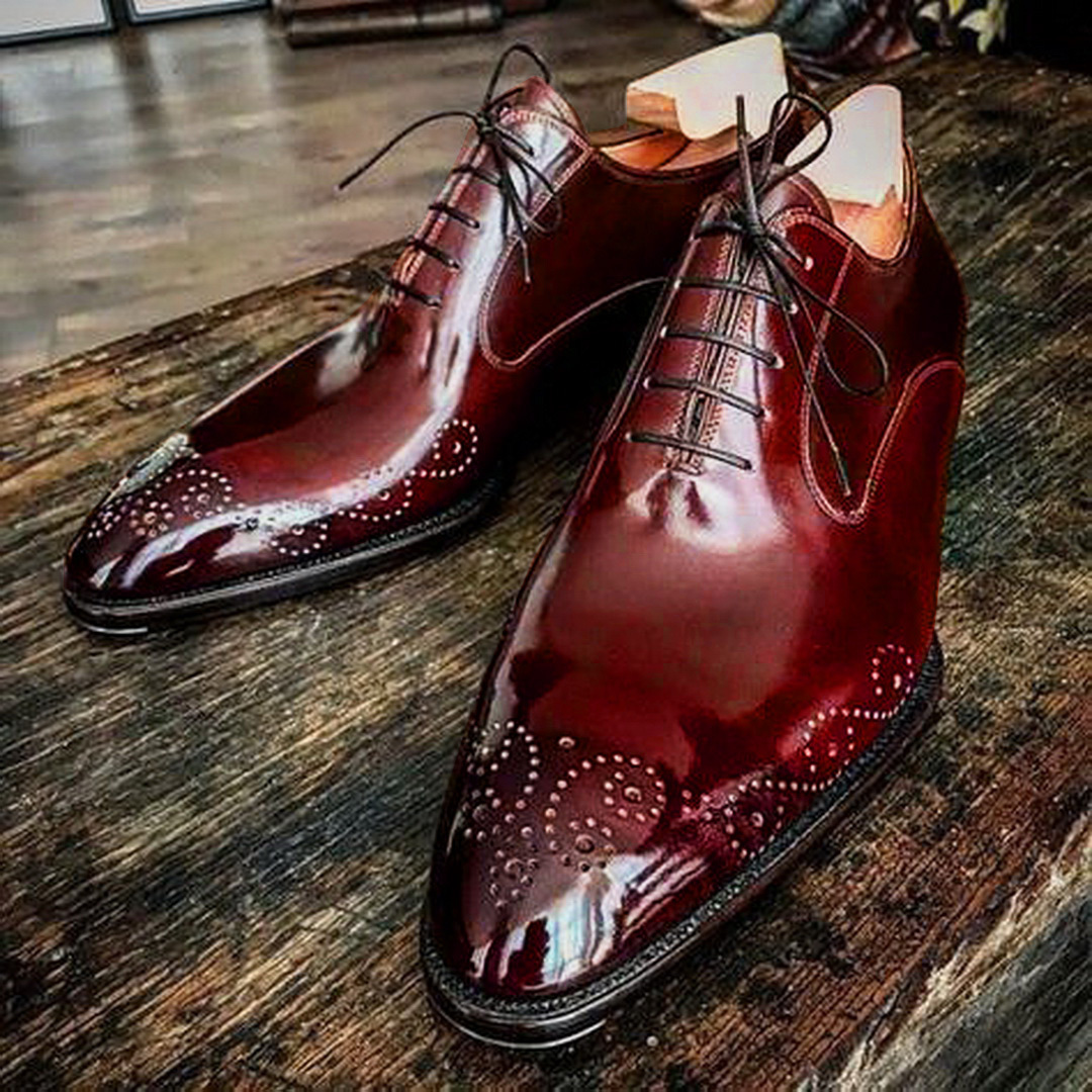 Hand Made Men Maroon Medallion Toe Derby Lace Up Genuine Leather Shoe US 7-16