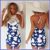 Slim Blue Floral Spaghetti Strap Crochet Neck Cotton Print Beach Wear Dress image 2