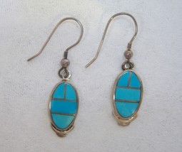 Oval Arizona Blue Turquoise Earrings Sterling Silver Handmade Inlay Pier... - $135.00