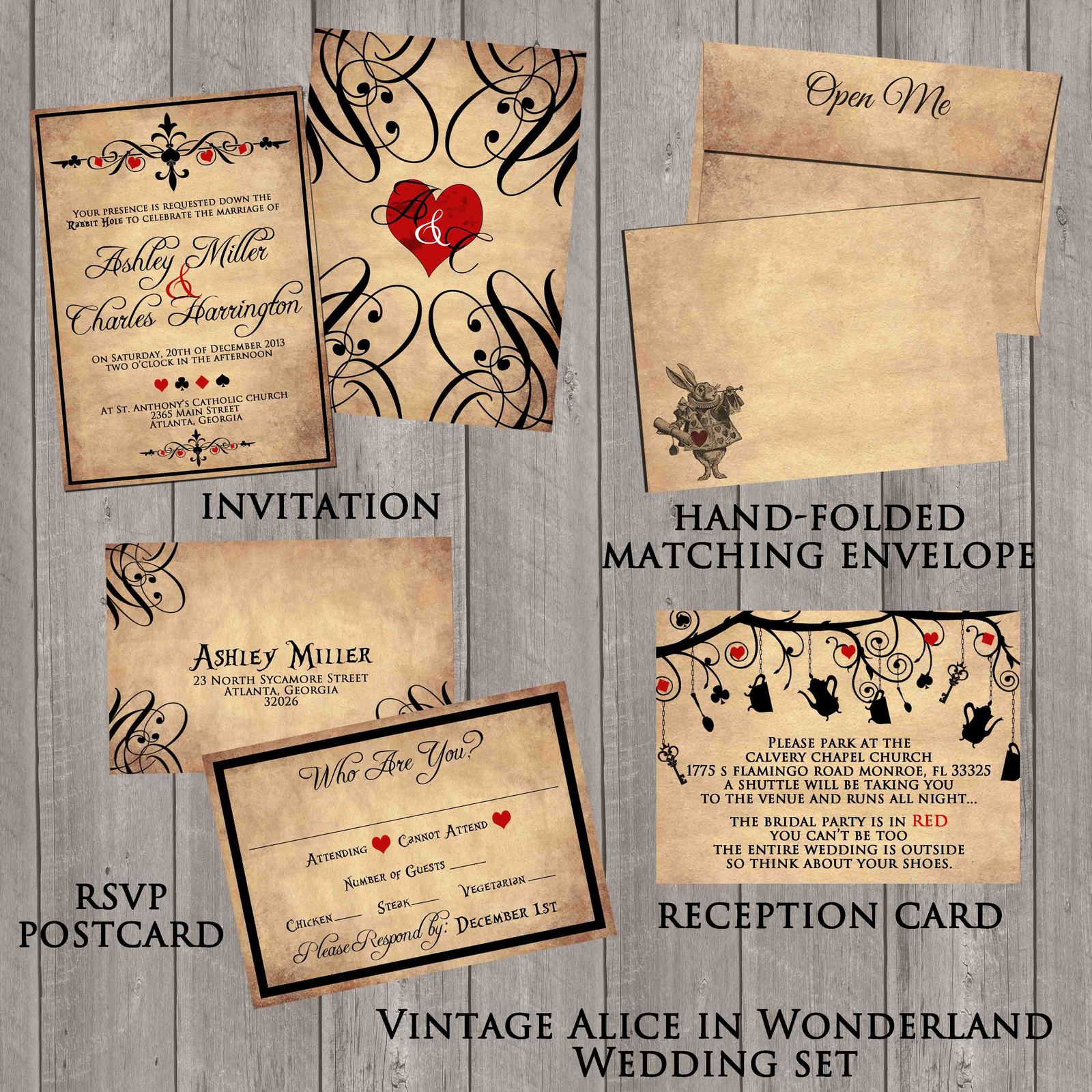 Vintage Alice in Wonderland Wedding invitation Set: RSVP, Reception, Envelope