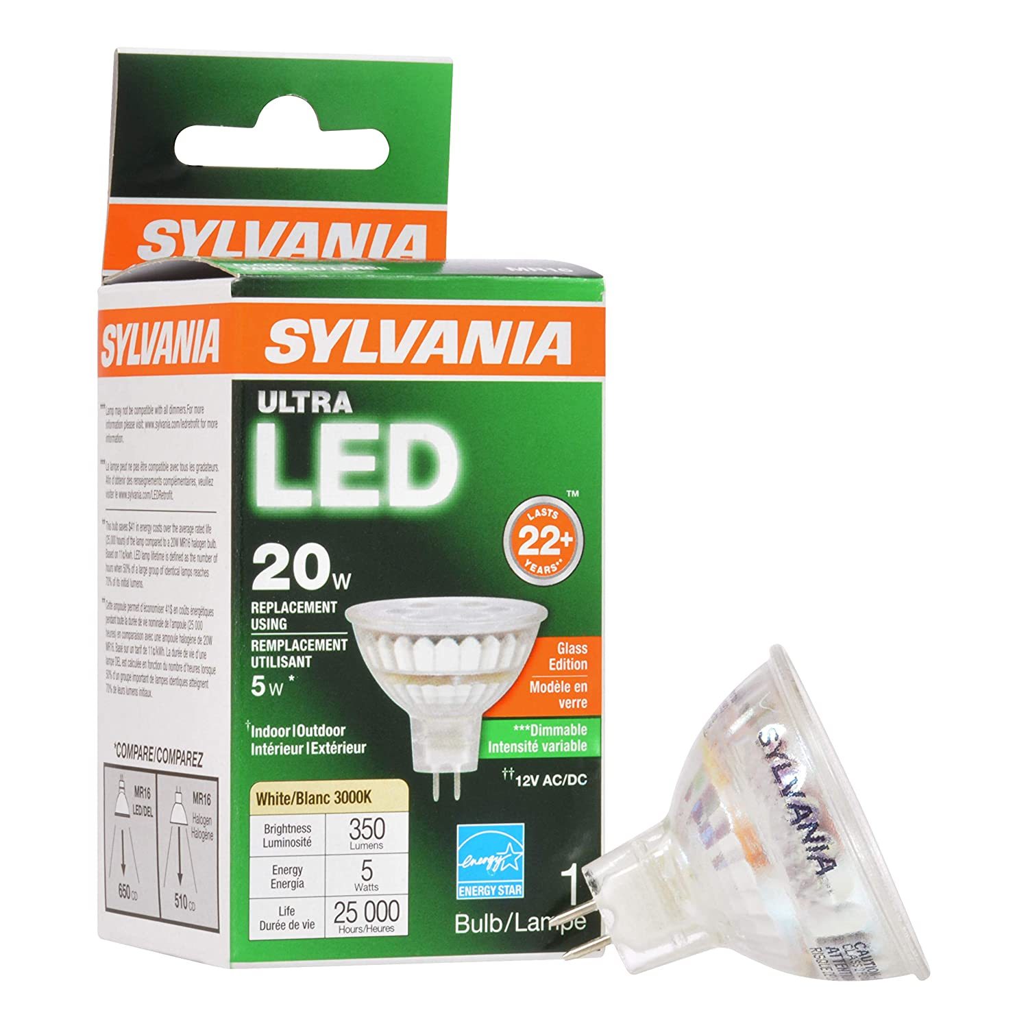 Sylvania Sylvania Ultra LED Flood LAMP, MR16, 5 WATTS, 3000K, 82 CRI, GU5.3 Base