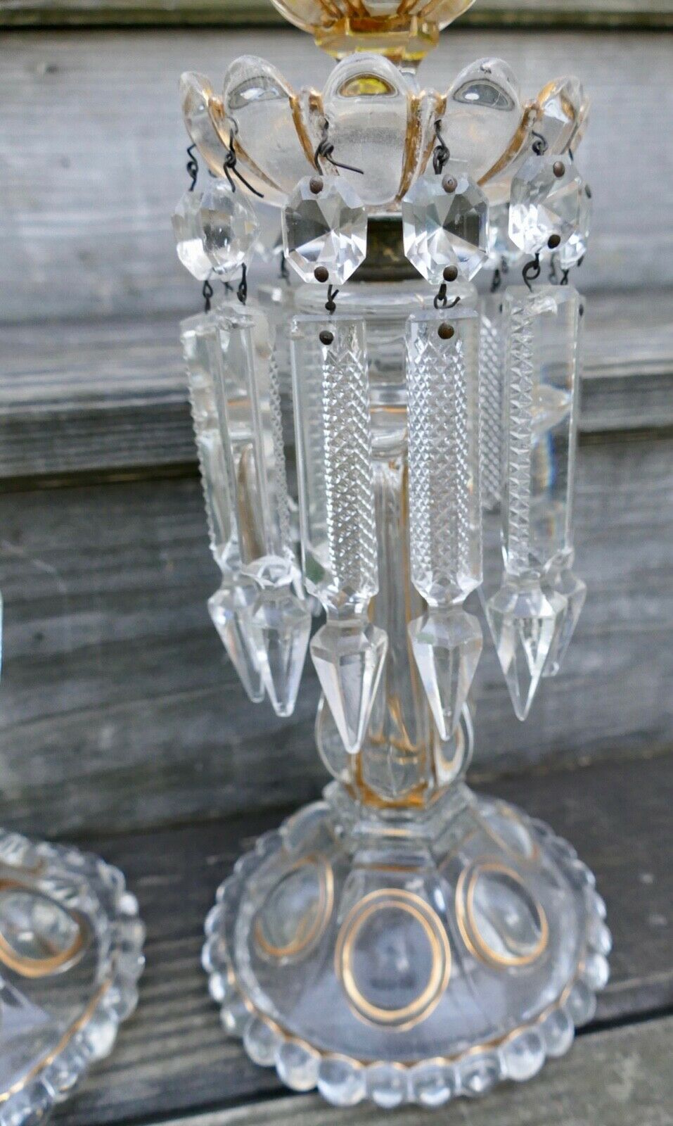 PAIR ANTIQUE BACCARAT ? OILIVE GREEN & GOLD CANDLE HOLDER LUSTRE