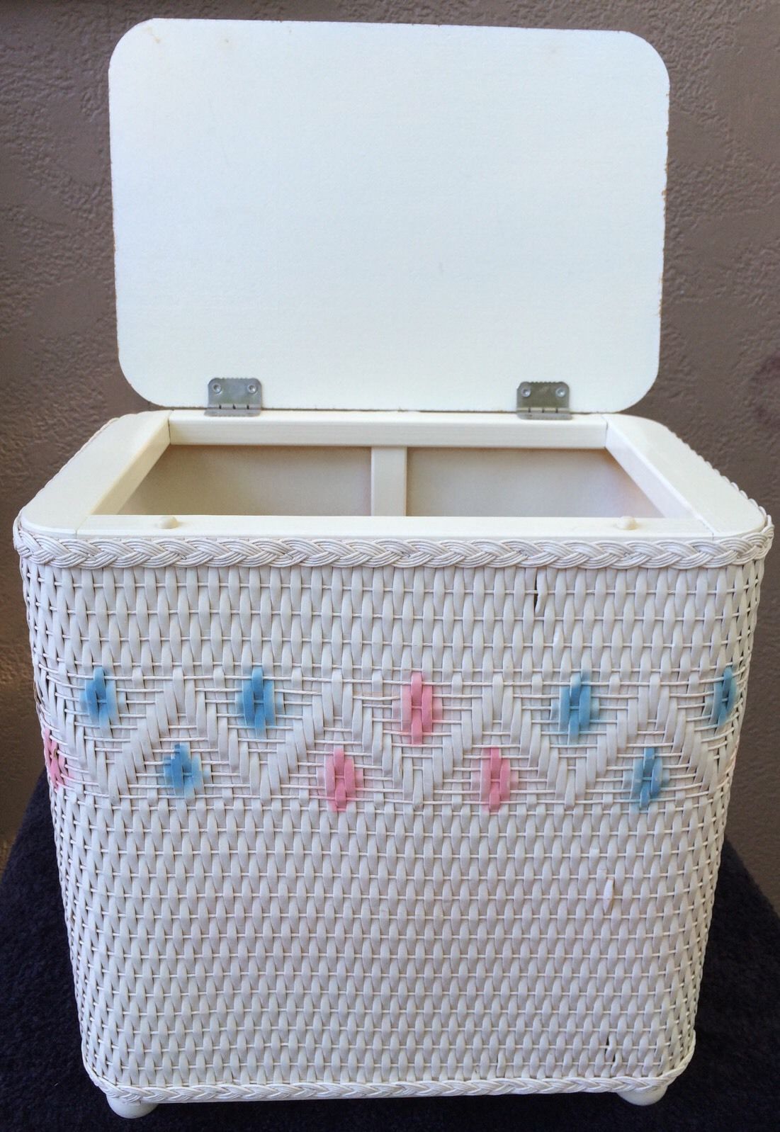 Vintage MidCentury Nursery Laundry Hamper Baby Clothes White Wicker