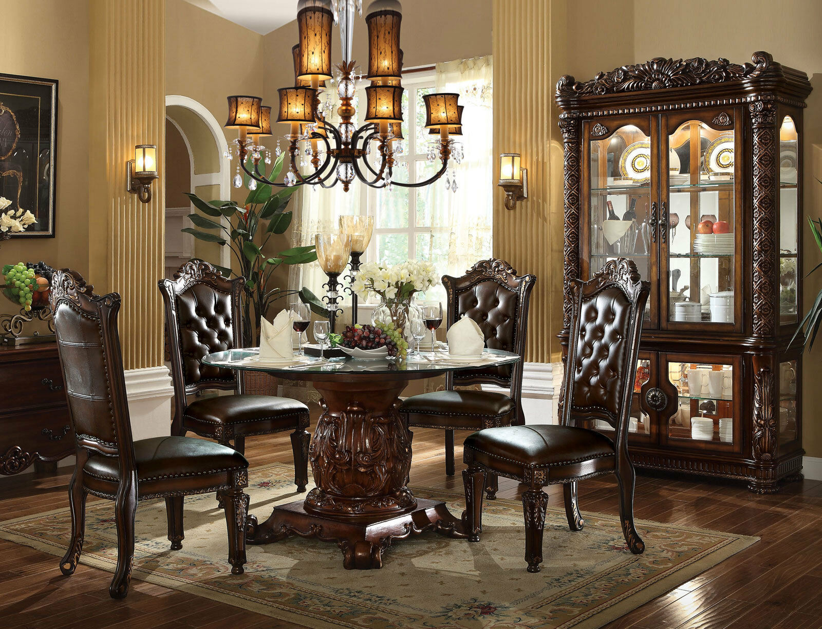 Old World Cherry Brown 5 piece Dining Room Set 54" Round Glass Table