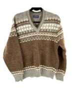 Pendleton Mens Med 100% Wool Fair Isle Geo Knit Sweater Pullover Gray Br... - $18.40