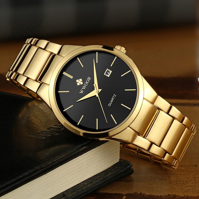 WWOOR Gold Luxury Mens Quartz Stainless Steel Waterproof Auto Date Wristwatches