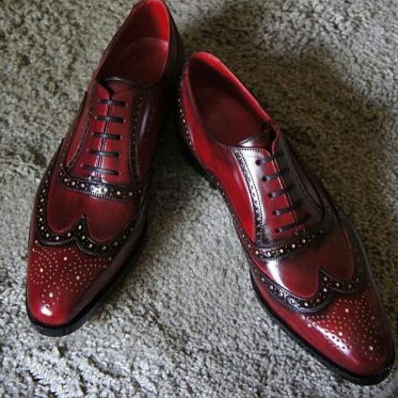 Maroon Party Wear Wing Tip Brogue Toe Oxford Handcrafted Genuine Leather Shoes