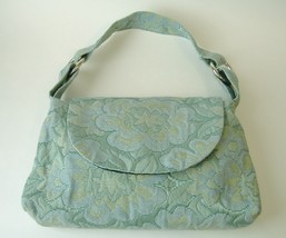 Green Blue KM White Tapestry Purse Handbag Tote Black Velvet Lined Flora... - $35.00