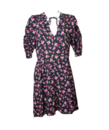 Express Womens Black Floral Short Ruche Sleeve Tie V Neck A-Line Dress S... - $28.88
