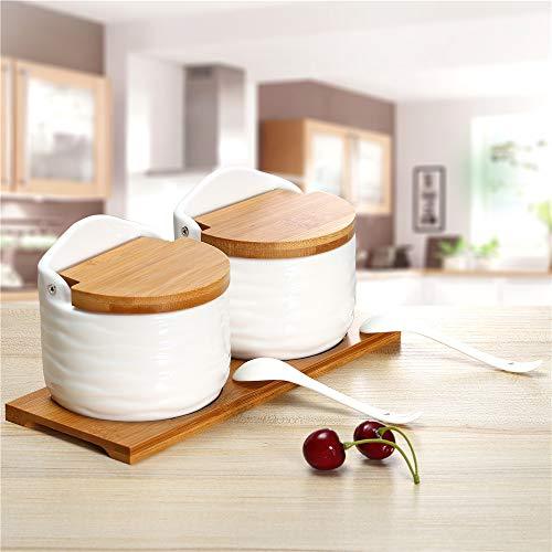 Ceramic Sugar Bowls Salt Boxes Set of 2 with Bamboo Lids Ceramic Spoons