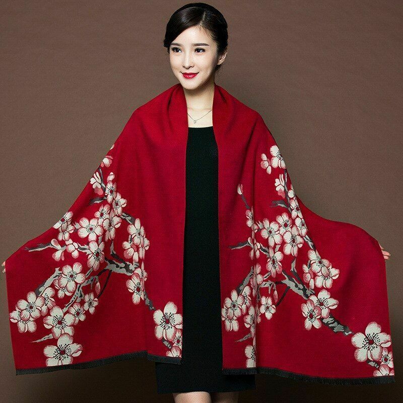 Women Fashion Long Scarf Cashmere Shawl Double-Sided Lotus Design Winter Scarves