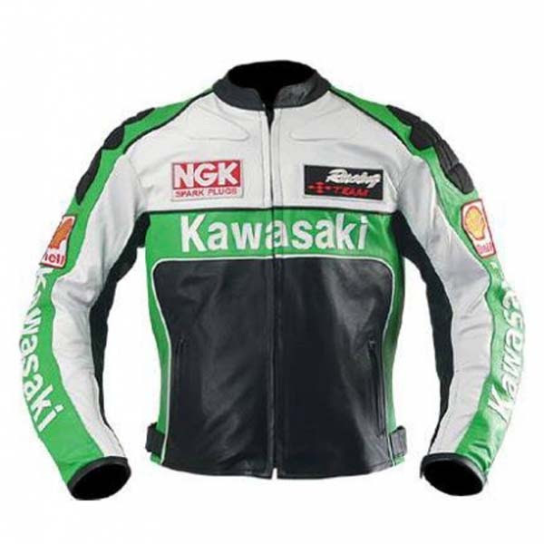 KAWASAKI GREEN/BLACK COWHIDE MOTORCYCLE RACING LEATHER JACKET WITH PROTECTIONS
