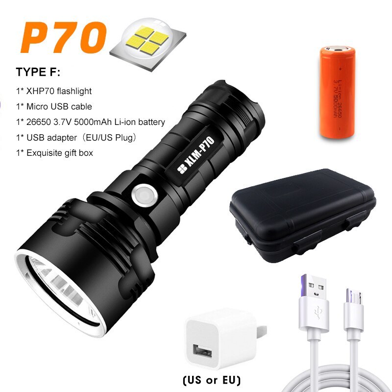 Super Powerful LED Flashlight With CREE L2 X70 Waterproof torch USB rechargeable