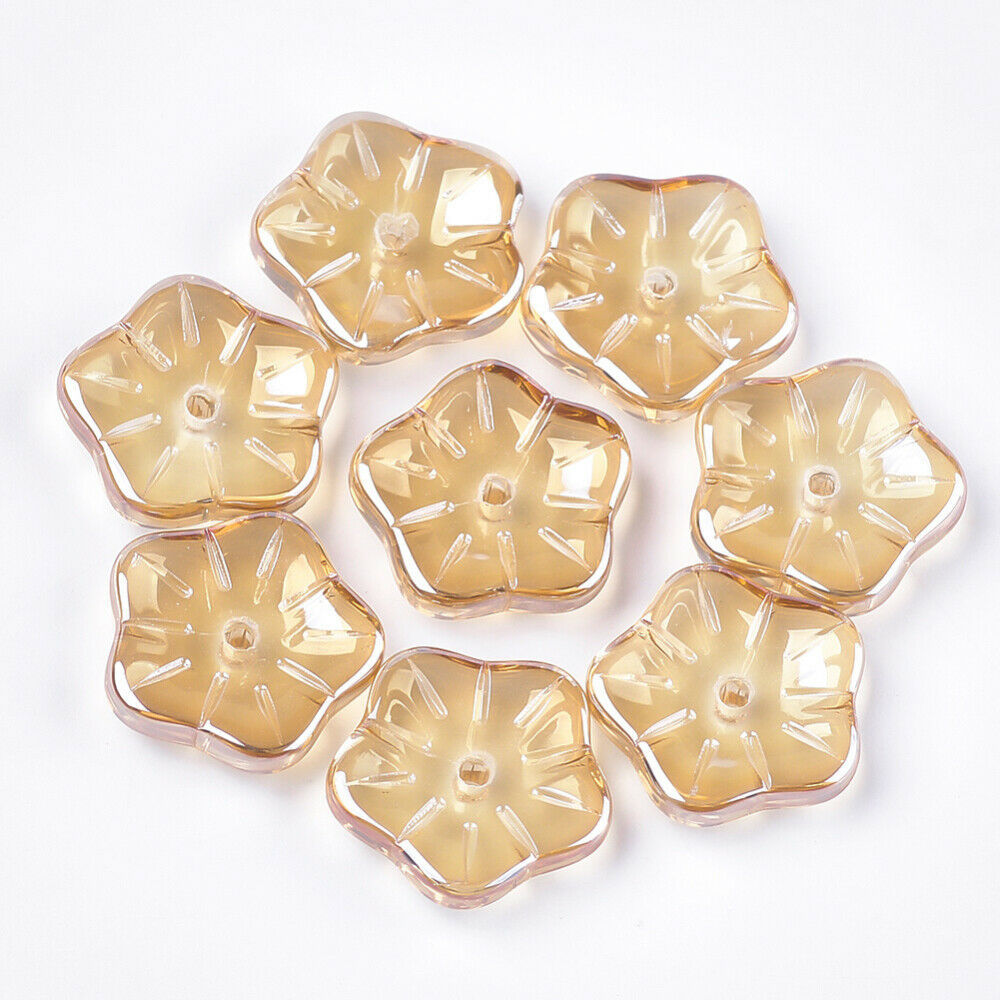 10 Glass Flower Beads Light Tan Floral Jewelry Supplies Electroplated 14mm