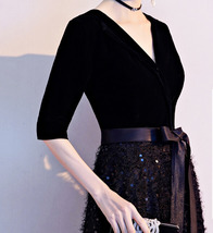 Women Half Sleeve Velvet Maxi Dress High Waist Formal Dress, Black, Plus Size image 8