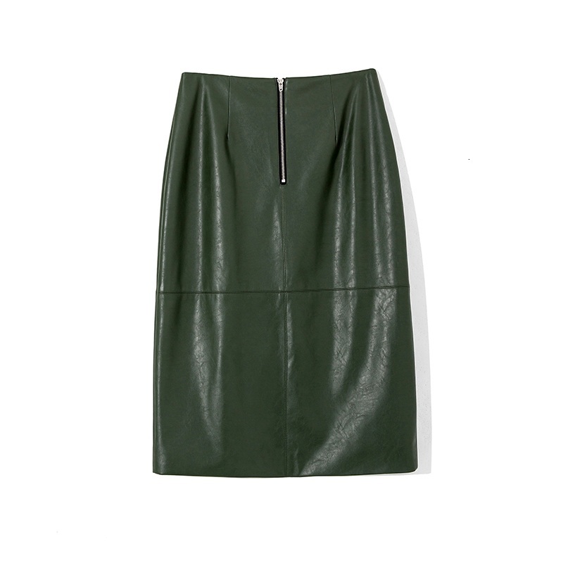 New Olive Green Faux Leather High Waist Midi Knee Length Women Pencil Skirt Skirts 8268