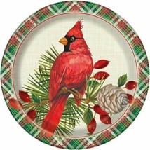 Red Cardinal Christmas Plaid Paper 8 Ct 9" Luncheon Dinner Plates - $4.94