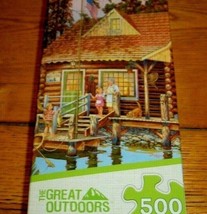 Jigsaw Puzzle 500 Pieces Lakeside Rustic Log Cabin Vintage Truck Boat Co... - $10.88
