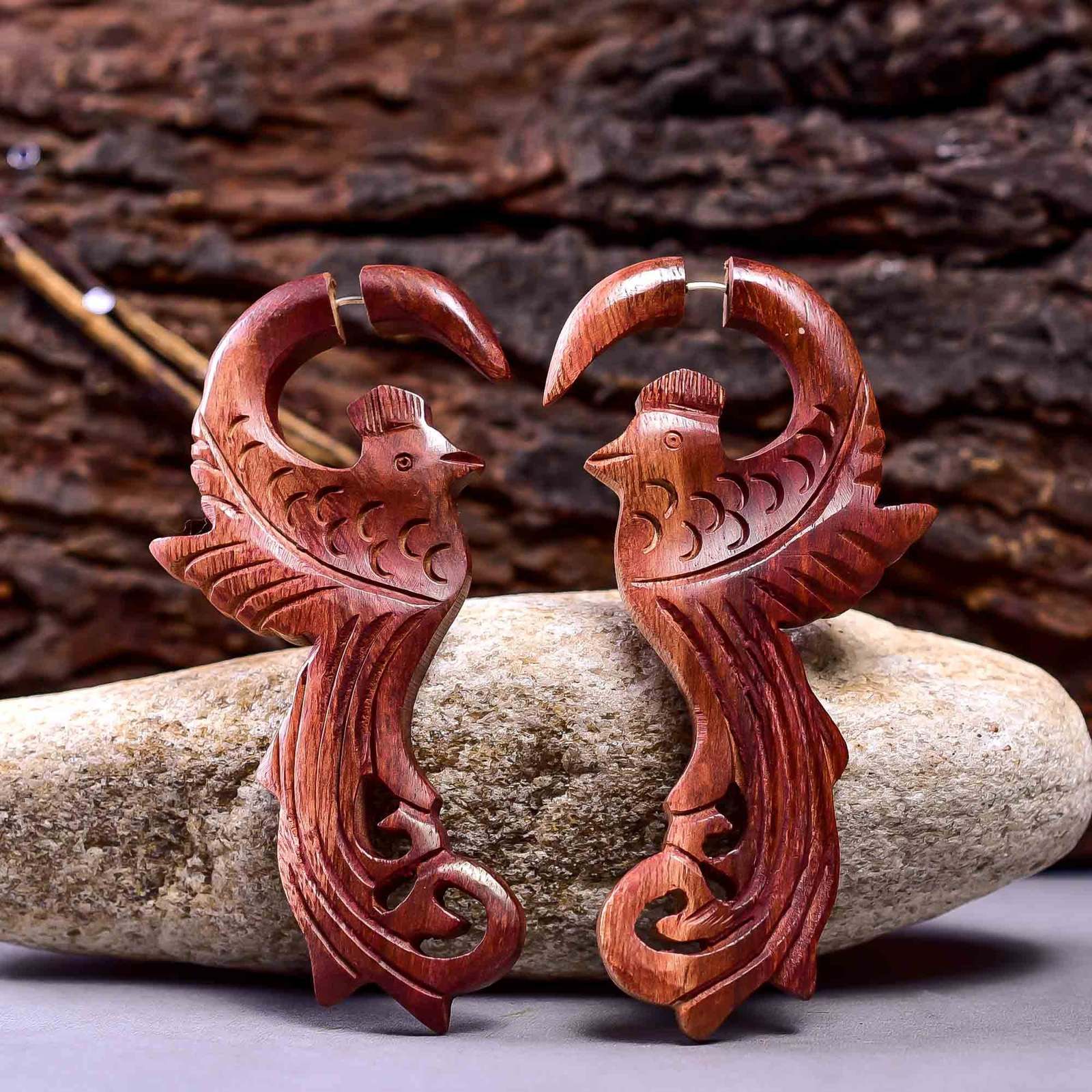 Wooden Carved African Tribal Big Fake Gauge Earrings 3.85" AB139