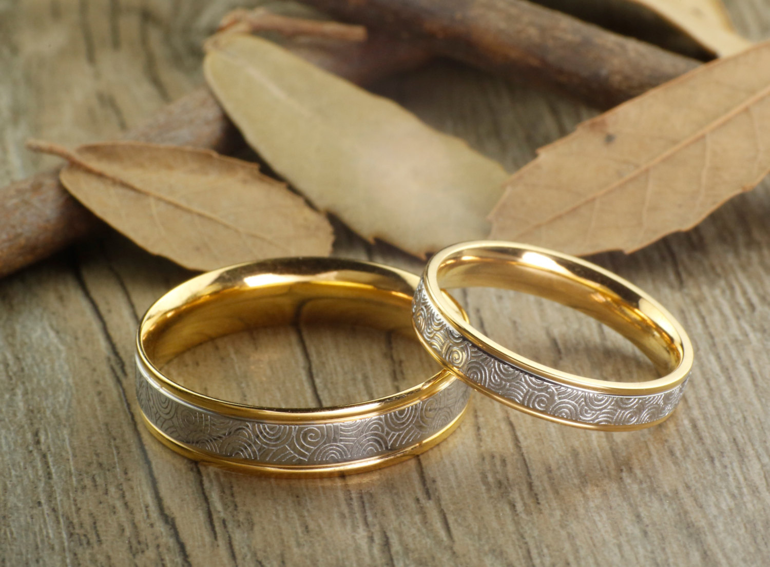 Handmade Gold Wedding Bands, Couple Rings Set, Titanium Anniversary