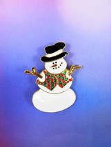 Large Snowman Christmas Pin Brooch Enamel On Gold Tone Metal In Gift Pouch - $8.90