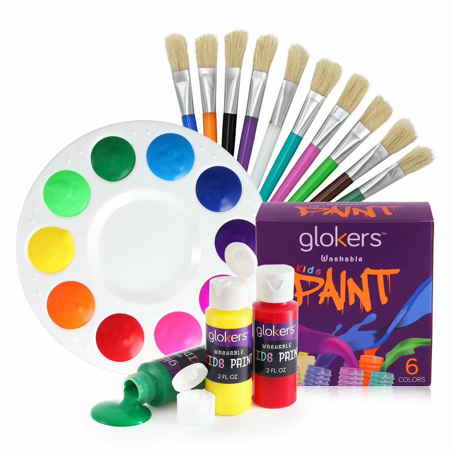 glokers 10-Piece Kids Flat Paint Brushes Set with Washable Paint and Palatte