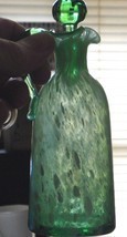Vintage Green Splatter Glass Hand Blown Cruet w Ball Stopper  6 1/2&quot; - $29.69