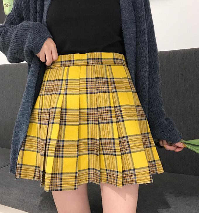 Women Girl YELLOW Pleated Plaid Skirt Plus Size School Style Yellow Skirt Outfit