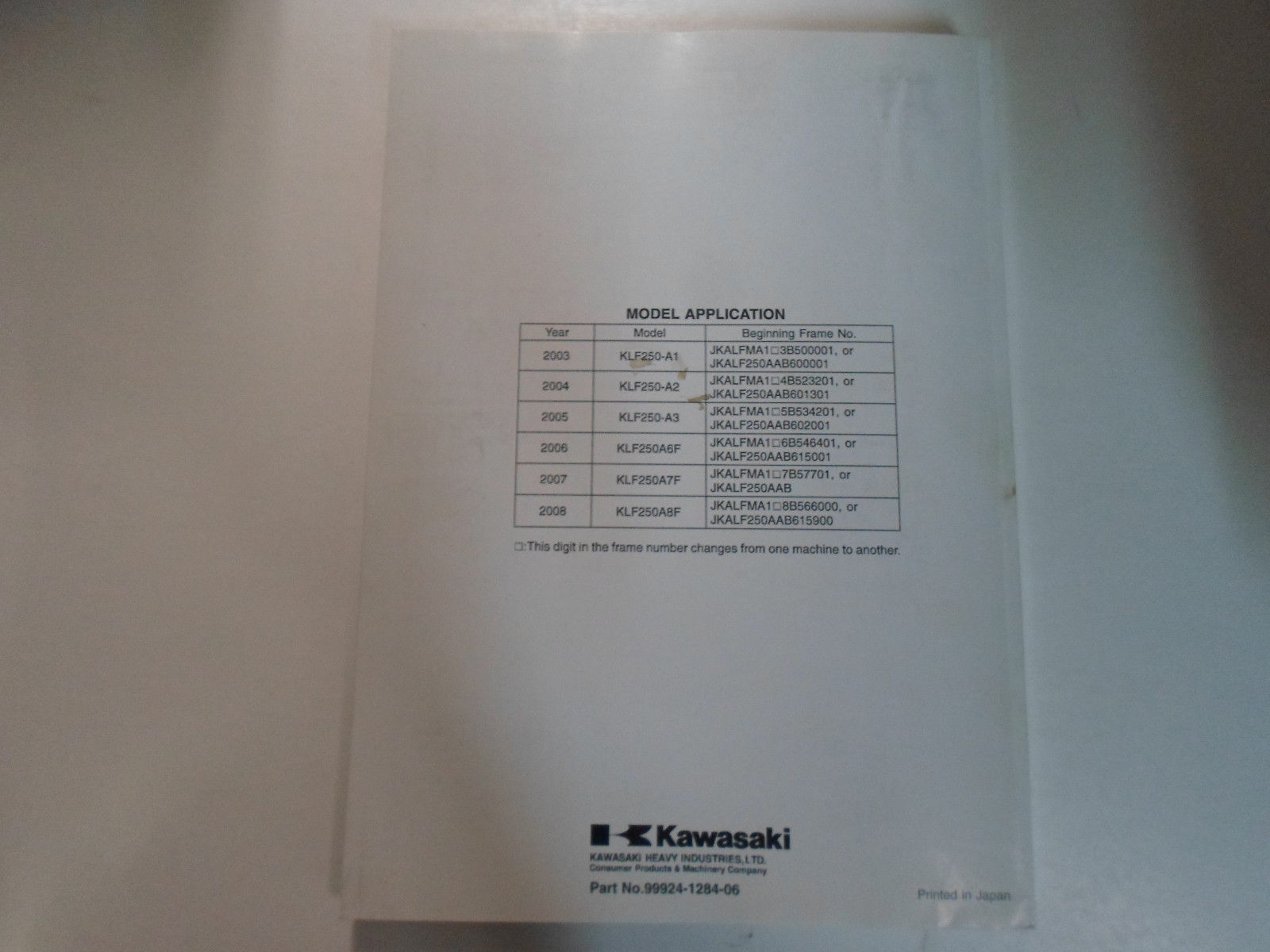 ... 2003 2004 2005 Kawasaki KLF 250 BAYOU 250 WORKHORSE 250 ATV Service  Manual NEW