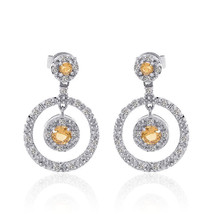 0.90 Carat Yellow Sapphire, Diamond Cluster Circle Drop Earring 14K Whit... - $560.44