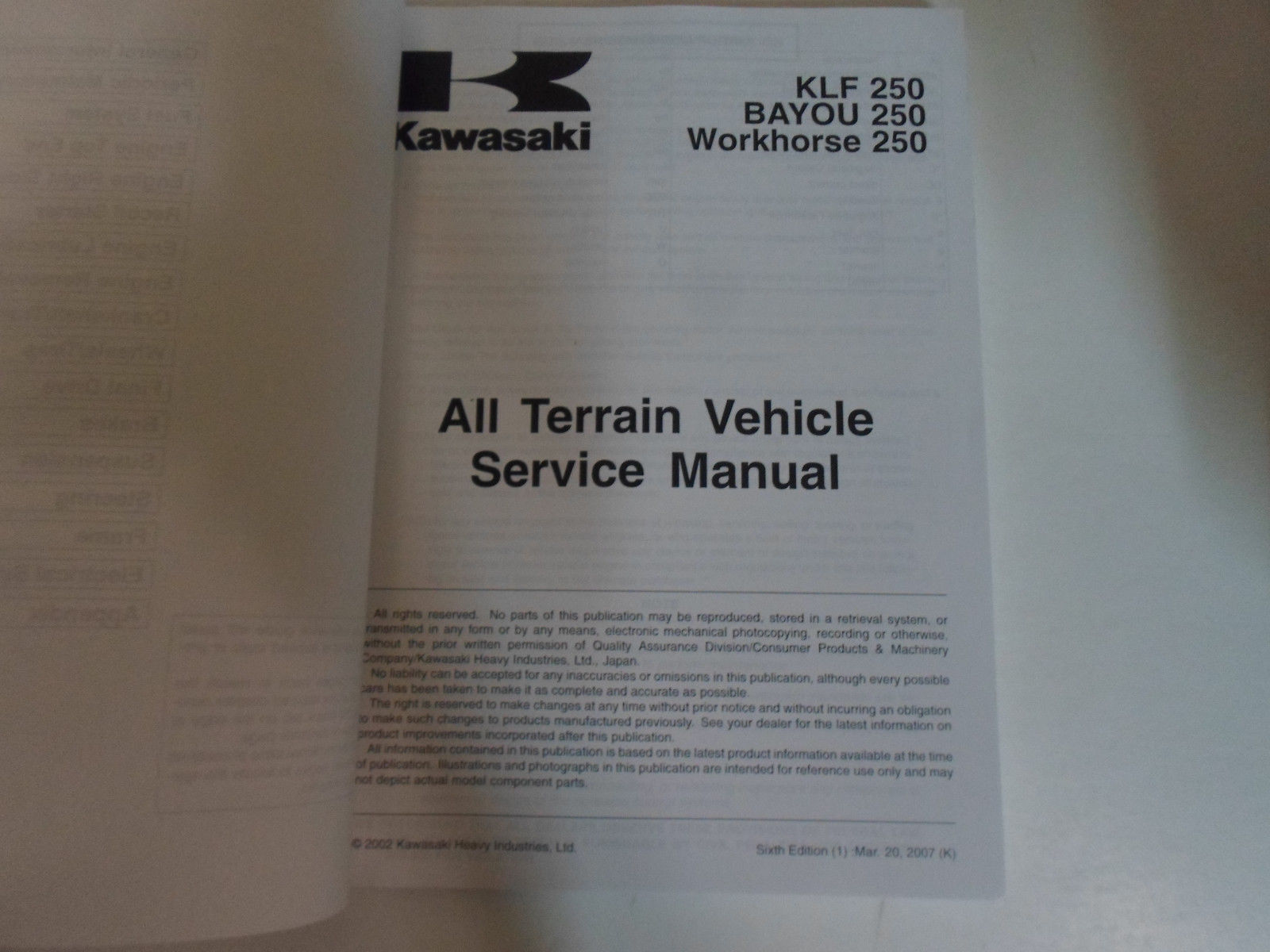 2003 2004 2005 Kawasaki KLF 250 BAYOU 250 WORKHORSE 250 ATV Service Manual  NEW
