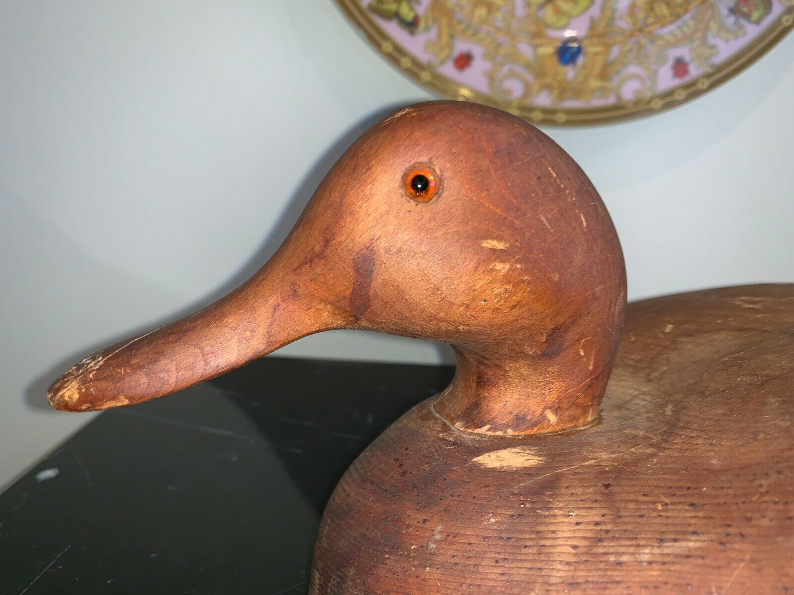 Vintage Large Folk Art Wooden Hand Carved Duck Decoy with Glass Eyes 16