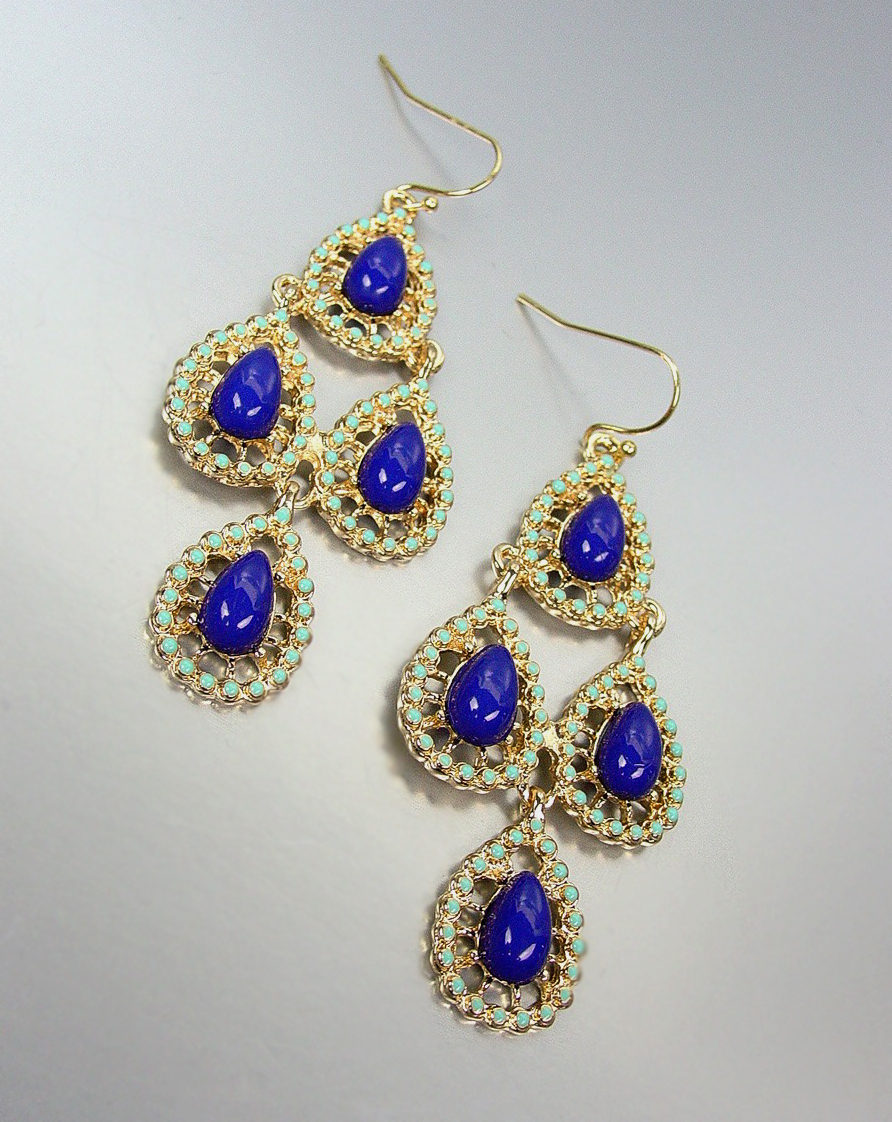 Urban Anthropologie Gold Turquoise Enamel Dark Blue Beads Chandelier Earrings - $19.99