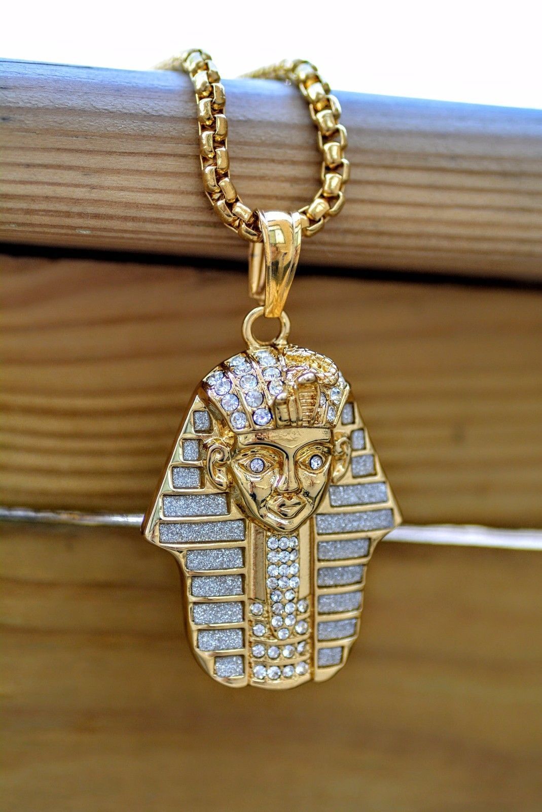 Iced Out Large Egyptian King Tut Pendant Stainless Steel Necklace with Stainless Steel Iced Out Pendant