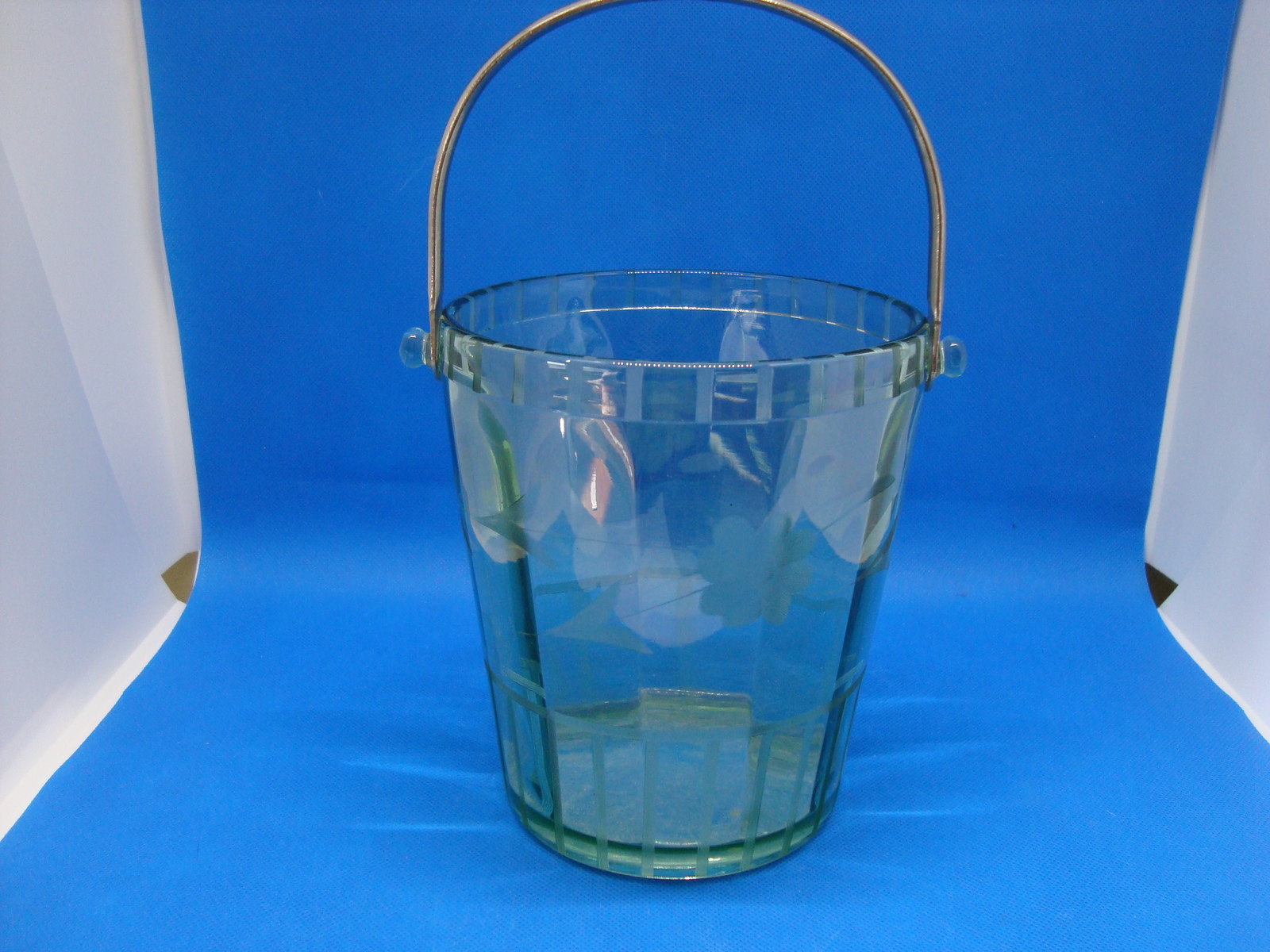Primary image for  Vaseline etched glass flower green ice bucket with metal handle.