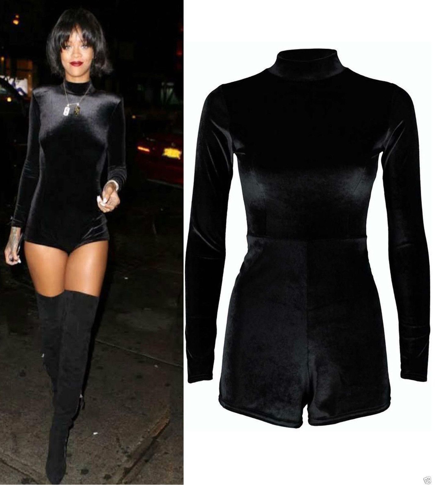 Image of New Womans Polo Turtle Neck Celeb Inspired Rihan Velvet Velour Playsuit Dress U.