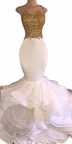 Plus Size Mermaid Beaded Ruffles Long Formal Prom Dress Gold White US 20W