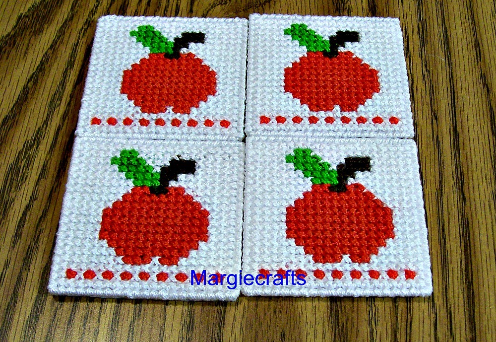 Primary image for Apple Coasters, Plastic Canvas, Handmade, Cross Stitch, Square, Teacher Gift