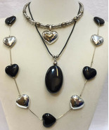 Necklaces Black and Silver Tone Hearts Beads Oval Pendants Wire Strand L... - $23.50