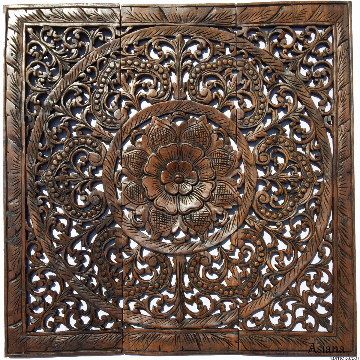 Large Square Wood Carved Wall Art. Asian Floral Wood Wall Panels.Wall